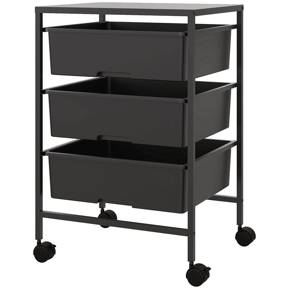 Bijzetwagen met wielen, 3 manden voor transport en opslag, keukenwagen, 40,8L x 33,5B x 60,5H cm, zwart