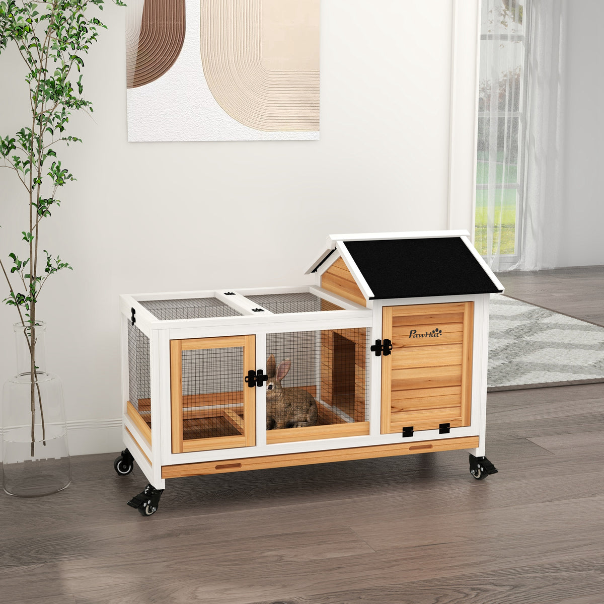 Knaagdierenhok voor dwergkonijnen, cavia's, met wielen, 108 x 58 x 73,5 cm, geel (2)