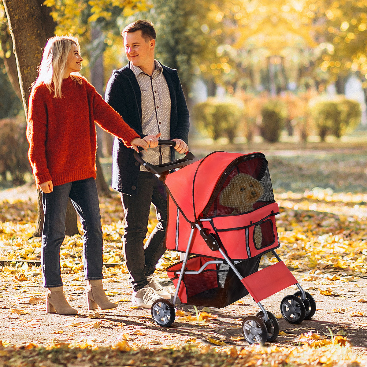 Hondenwagen hondentrolley tot 10 kg opvouwbaar met bekerhouder zonnedak rood (2)