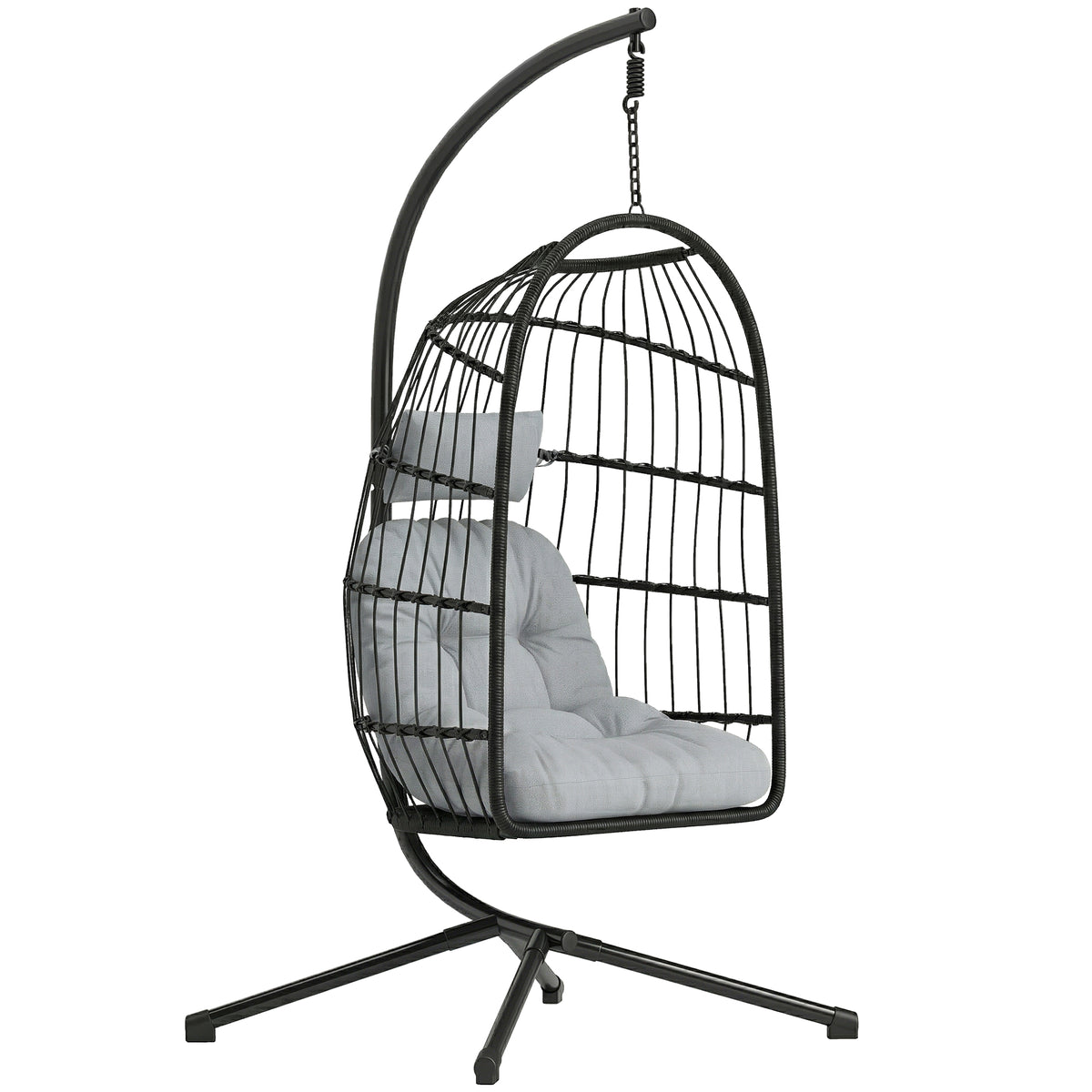 Hangstoel met inklapbaar onderstel, rotan hangmand met kussen, veiligheidsgordel, hoofdsteun, banden, in hoogte