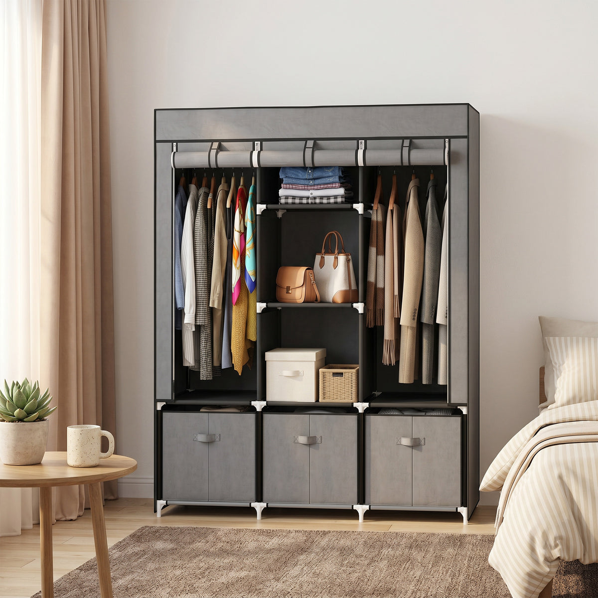 Stoffenkast van vlies, vouwkast, incl. 3 lades, 125 cm x 43 cm x 162,5 cm, grijs (2)