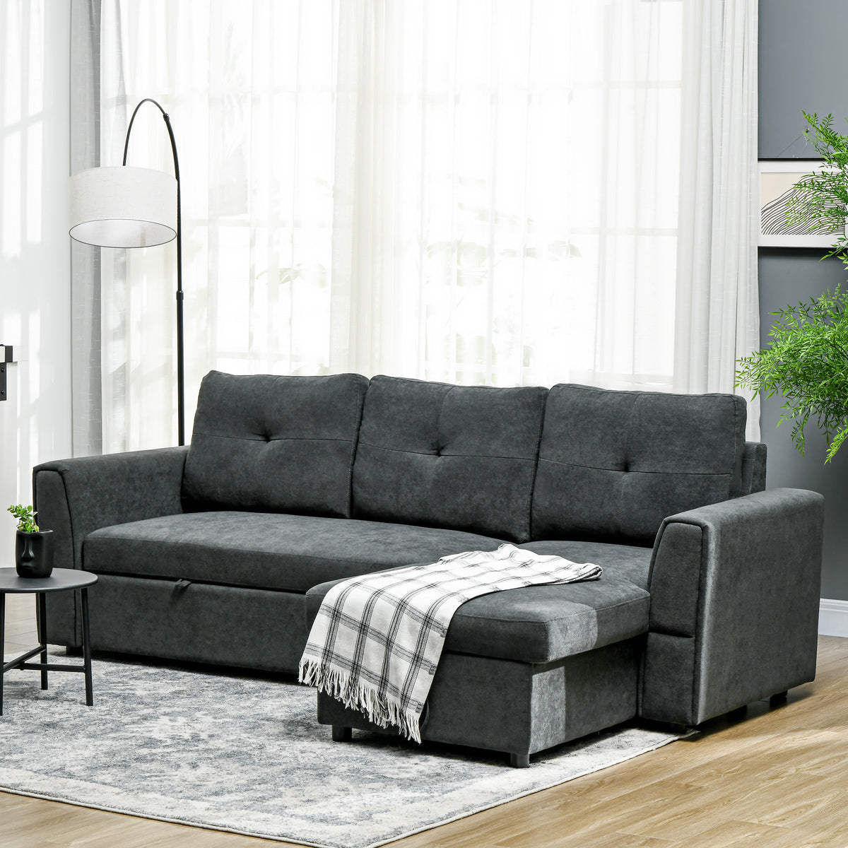 3-zitsbank met slaapfunctie, slaapbank met chaise longue, gestoffeerde bank, donkergrijs (10)