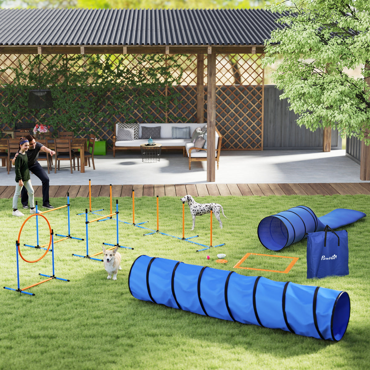 Agility-set voor honden, 11-delig, agility-uitrusting voor honden met 2 tunnels, in hoogte verstelbare (2)