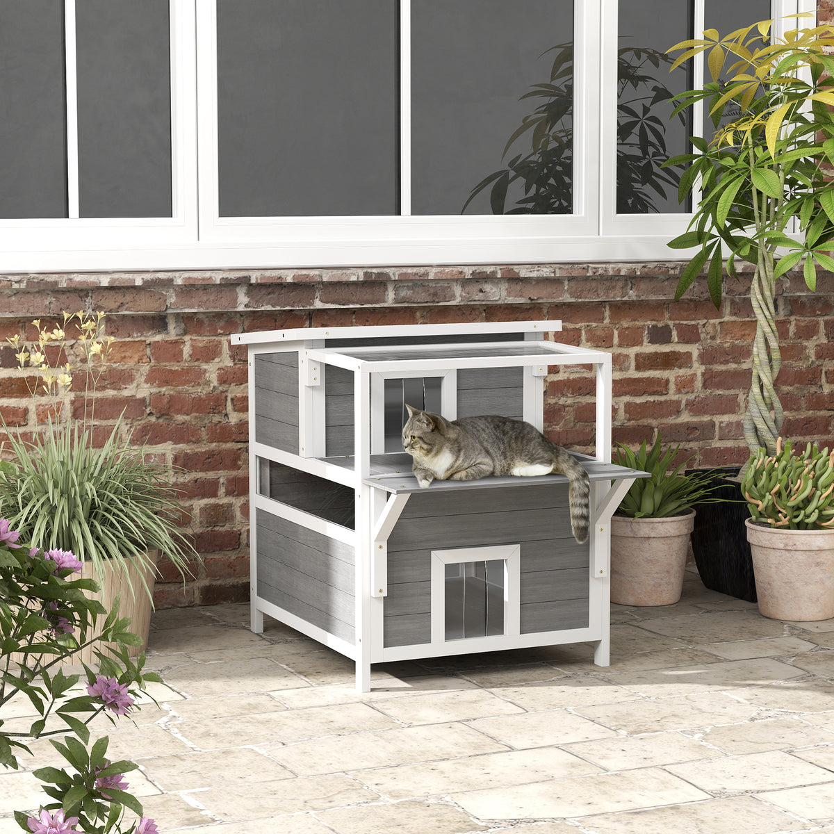 2-verdiepingen kattenhuis met balkon, weerbestendig kattenhuis, regen- en zonwering, voor binnen en buiten (2)