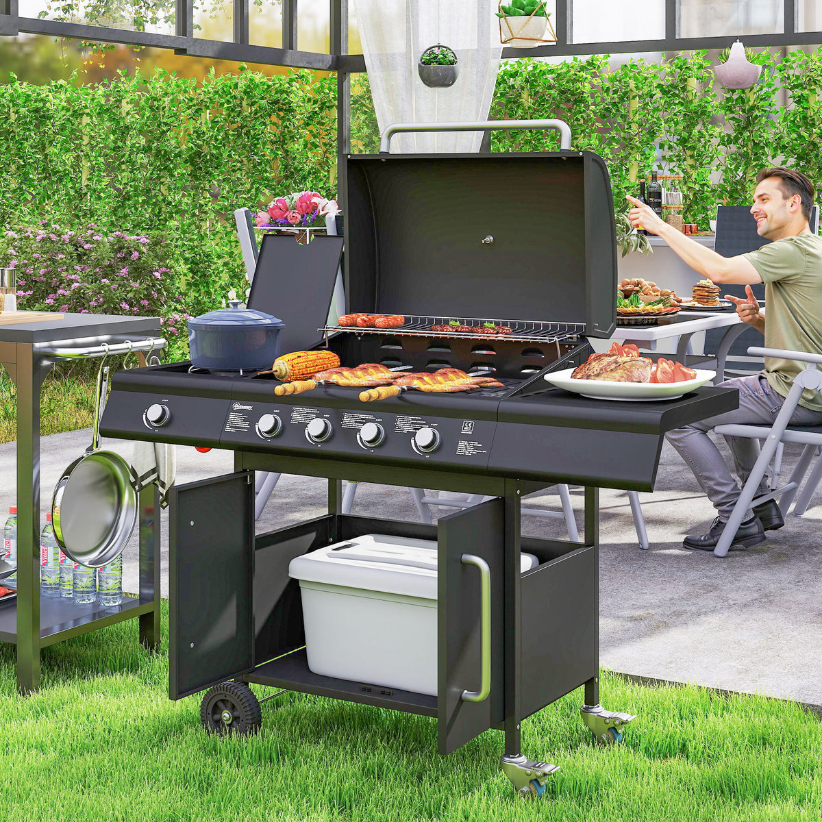 Gasbarbecue 15,2 KW grillwagen incl. 5 roestvrijstalen branders wielen zijbrander 129,5 x 56 x 110 cm zwart (2)