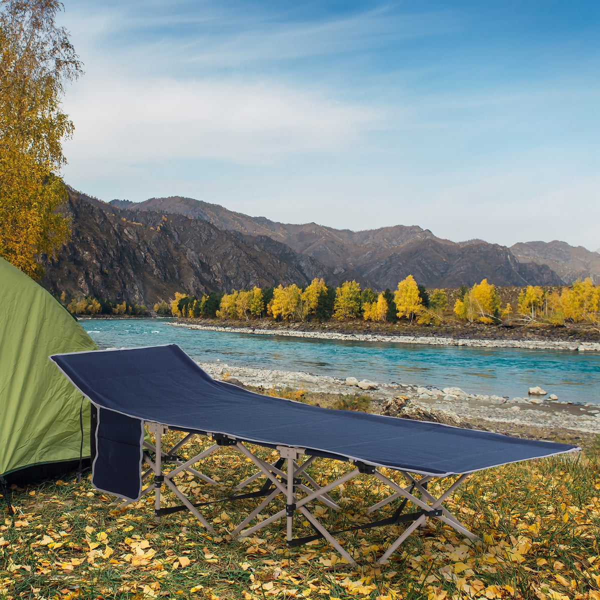 Veldbed, campingbed, opvouwbaar, weerbestendig, incl. draagtas, 190 cm x 68 cm x 52 cm, blauw (2)