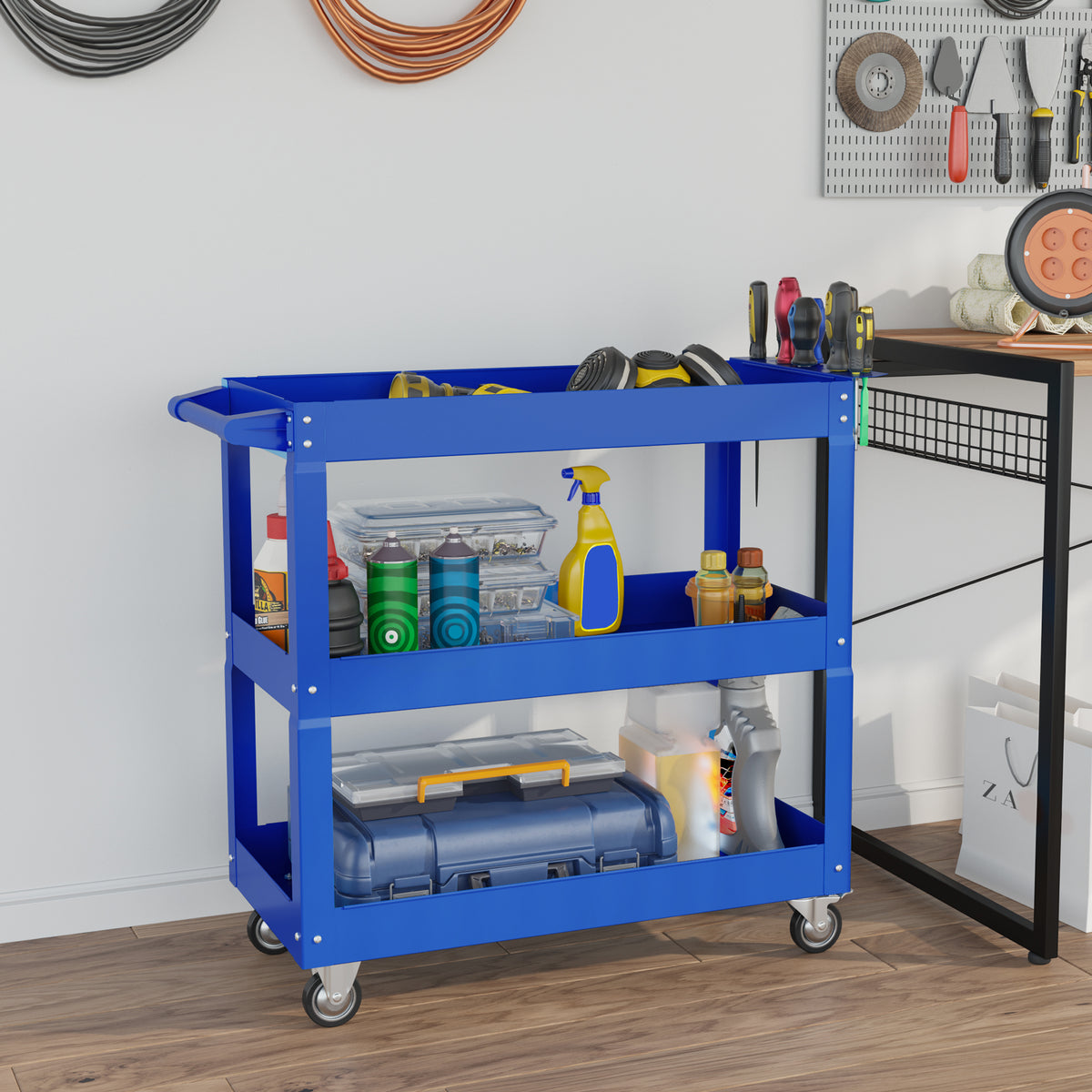 3-traps gereedschapswagen, 4 wielen, staal, 83B x 35,3D x 76H cm, blauw (2)