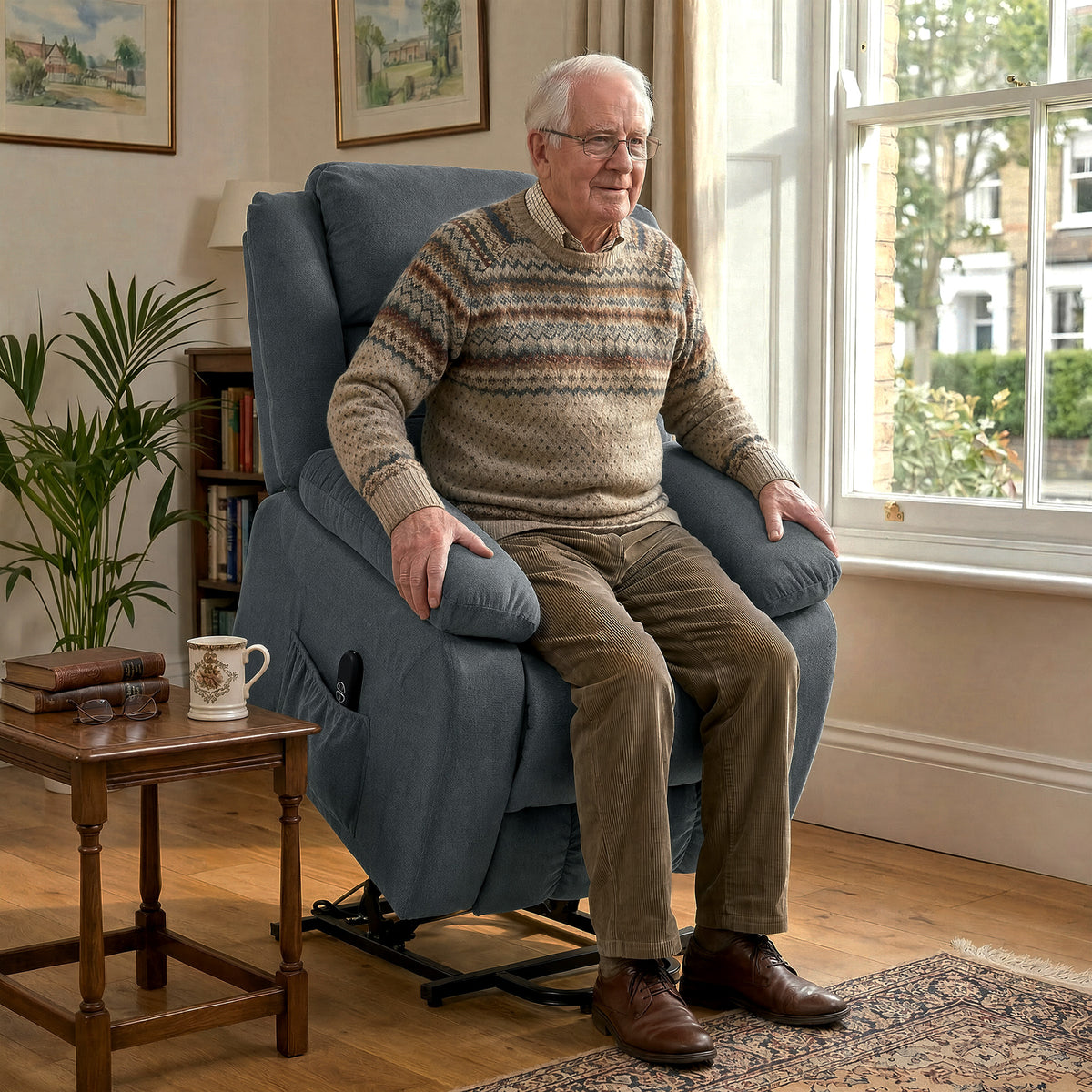 Sta-op-stoel met zachte bekleding, relaxfauteuil met afstandsbediening en zijvakken, grijs (2)