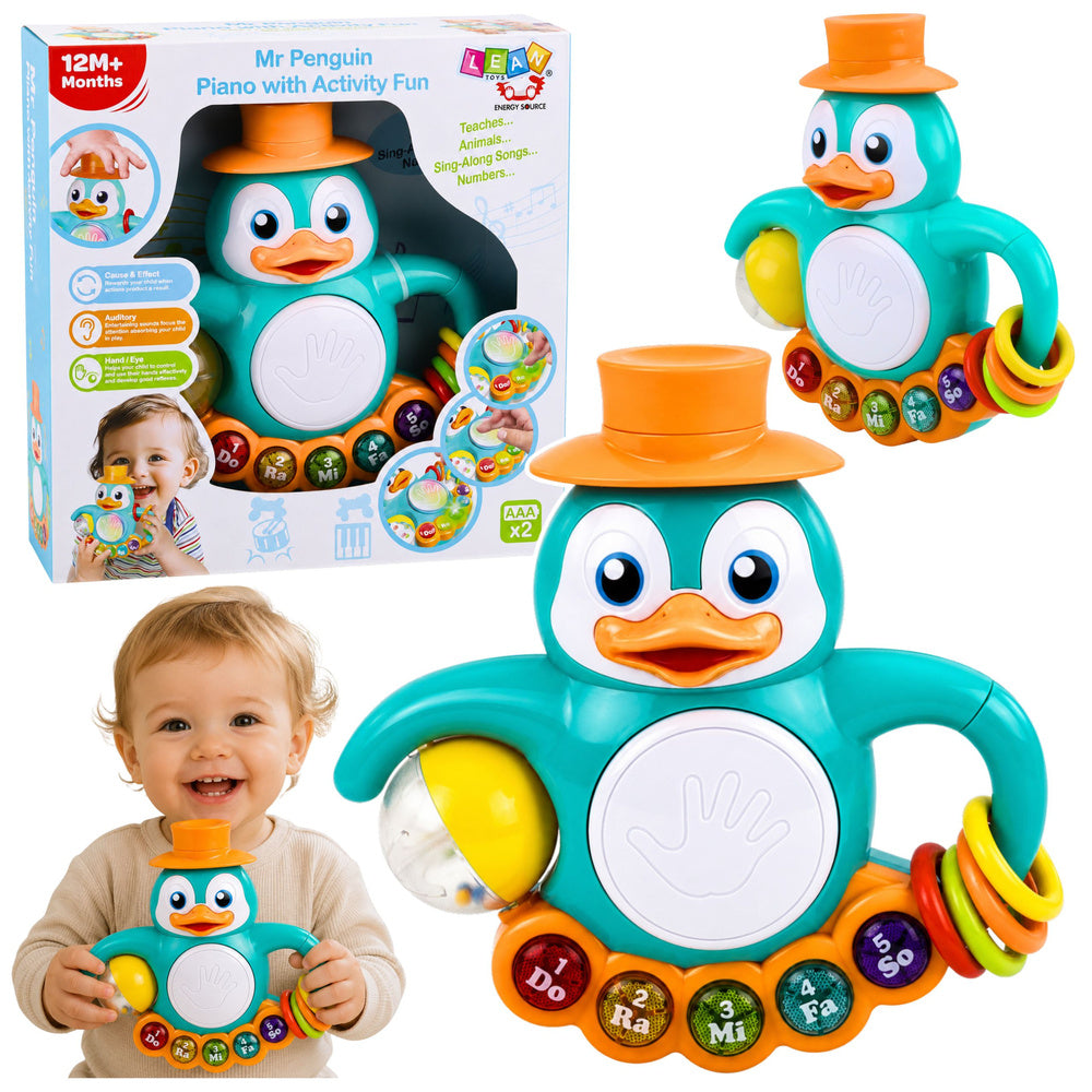 Interactief speelgoed: pinguïnpiano, trommelkralen, rammelbal