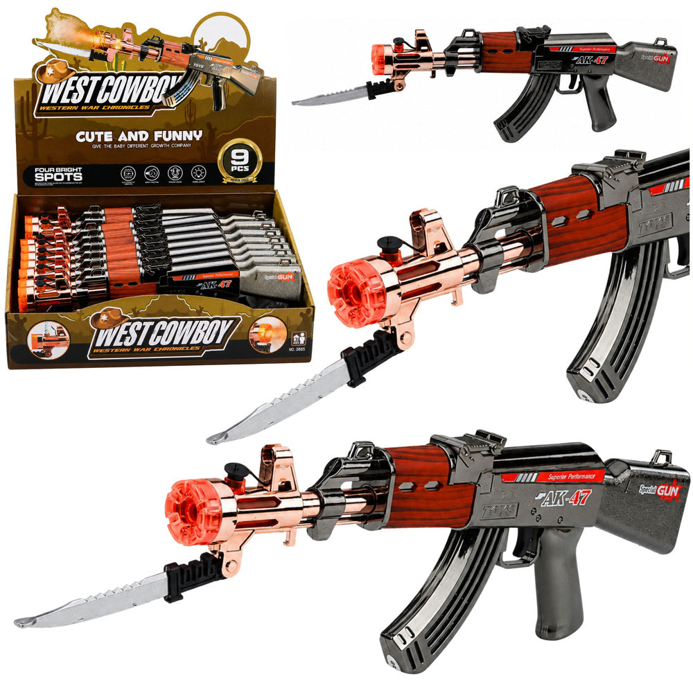 AK47-geweer, wapen op batterijen, rekwisietmes, rookeffect, licht- en geluidseffecten