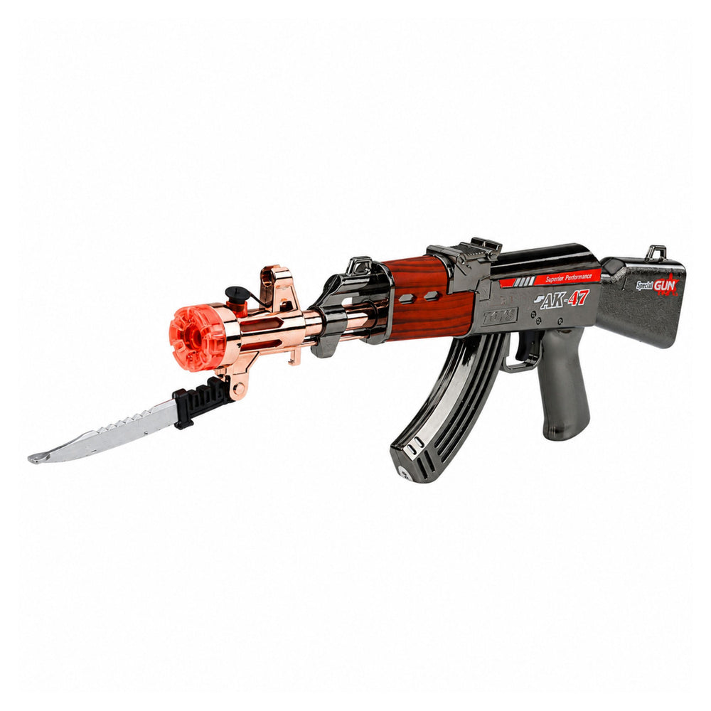 AK47-geweer, wapen op batterijen, rekwisietmes, rookeffect, licht- en geluidseffecten