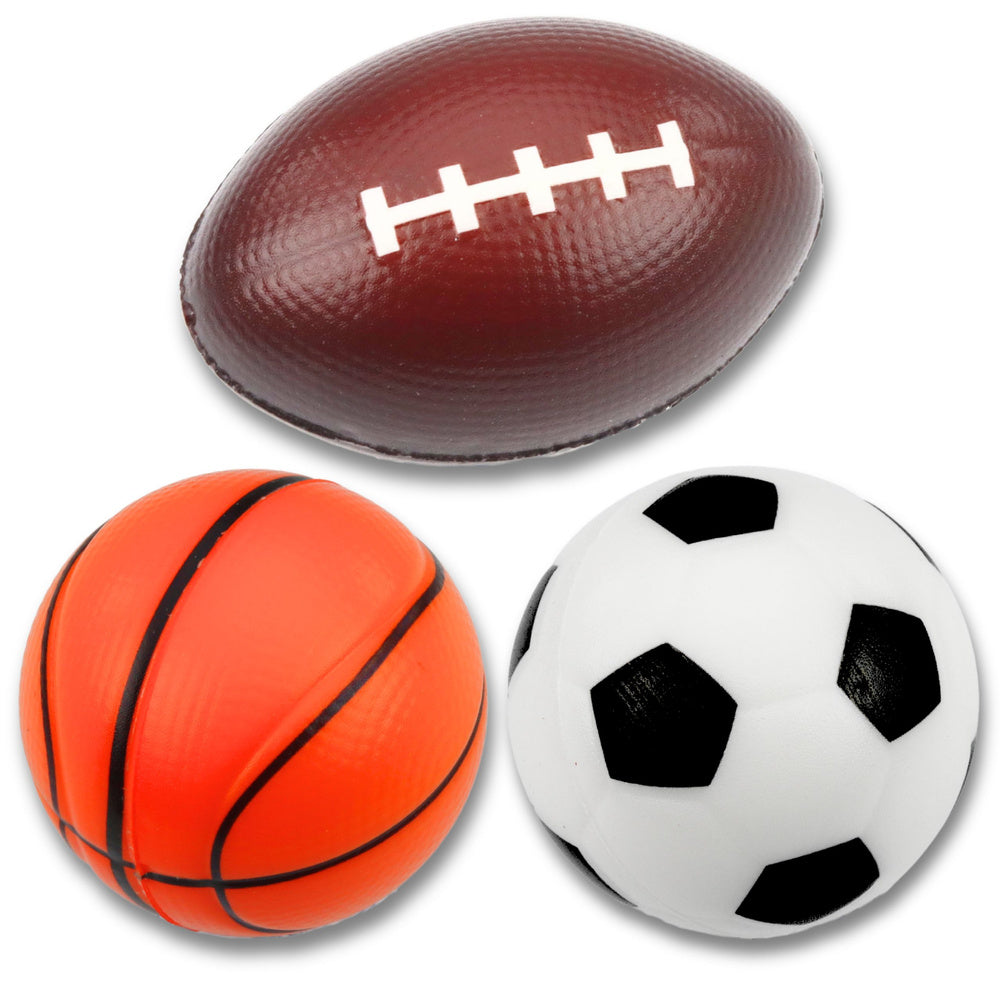 Set van 3 schuimballen (voetbal, basketbal, rugby), 10 cm