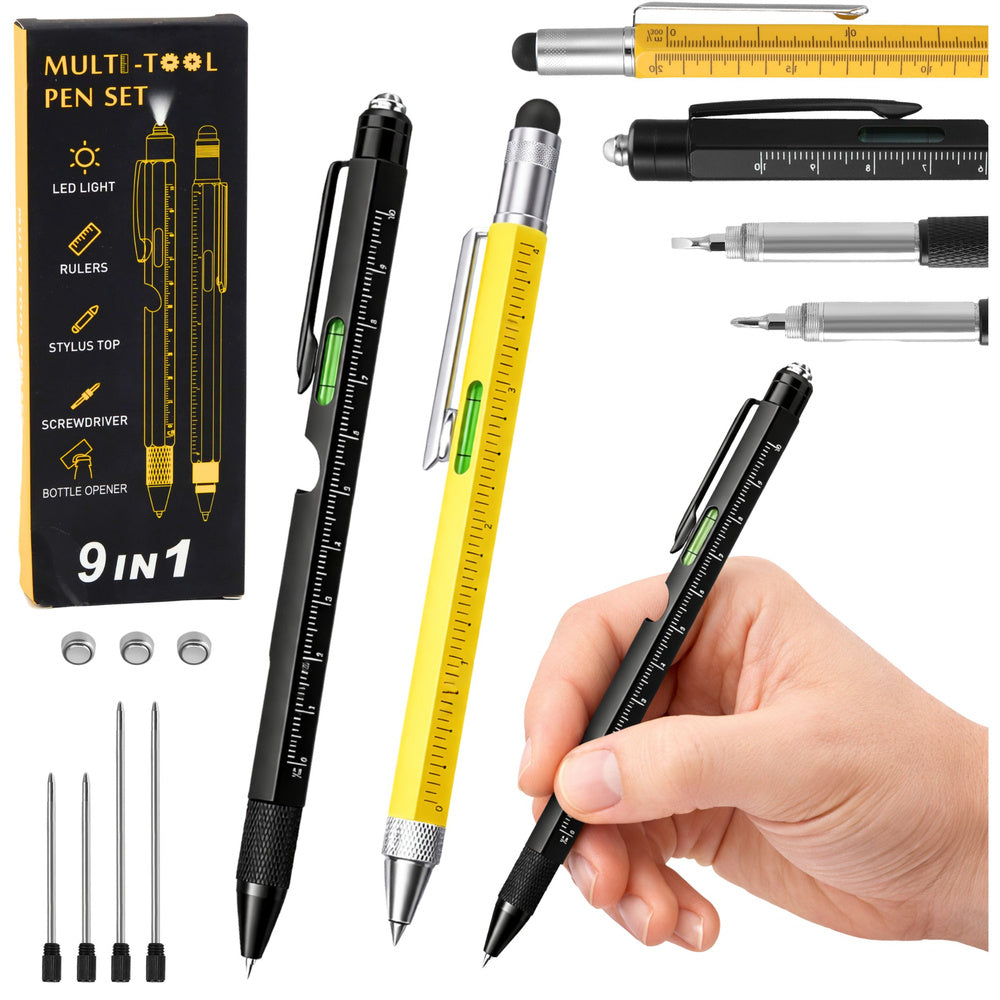 9-in-1 multifunctionele pennen, waterpas, zaklamp, schroevendraaier, geel/zwart, 2 stuks