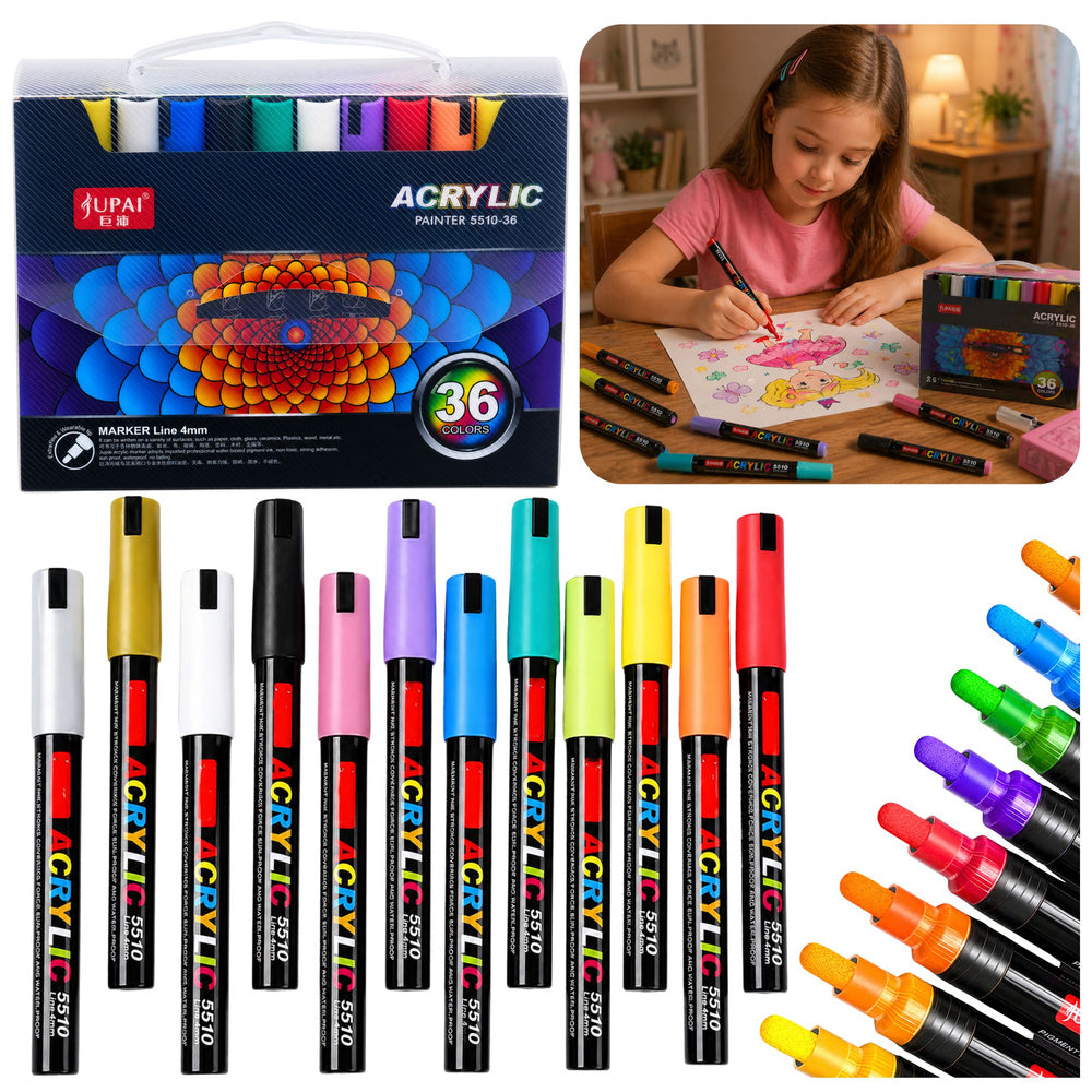 Set met acrylstiften, viltstiften, watervaste markers, etui, 36 stuks
