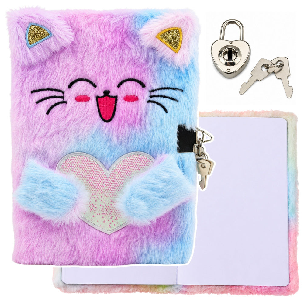 Pluche zacht notitieboek/dagboek met kitten, hangslot, sleutels en lege pagina's