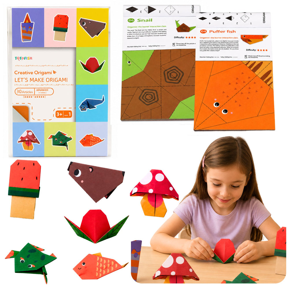 Kleurrijk origami-notitieboek voor kinderen, dierenthema's, moeilijkheidsgraden, 30 vellen