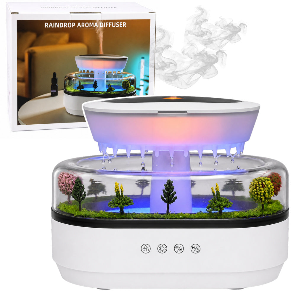 Luchtbevochtiger met aromadiffuser, regeneffect, ledverlichting en netadapter
