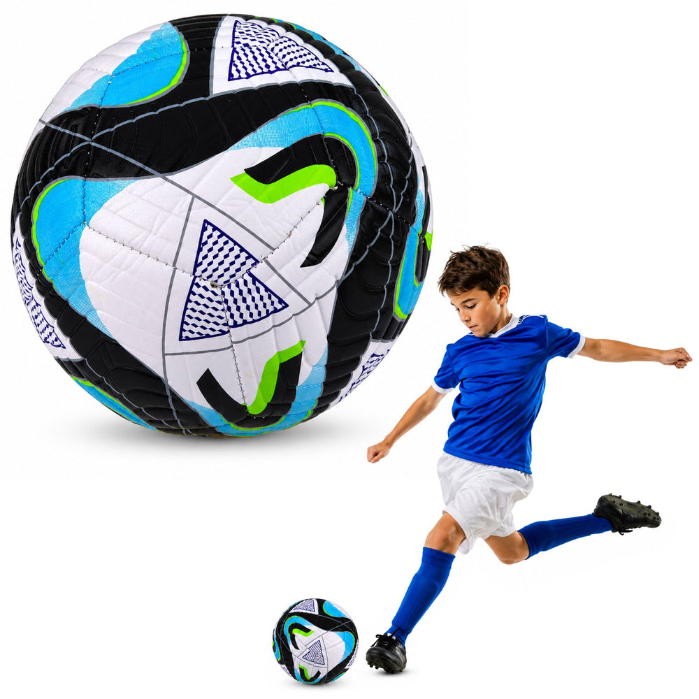 Trainingsvoetbal voor grasvelden, zwart-blauw, 22 cm, maat 5
