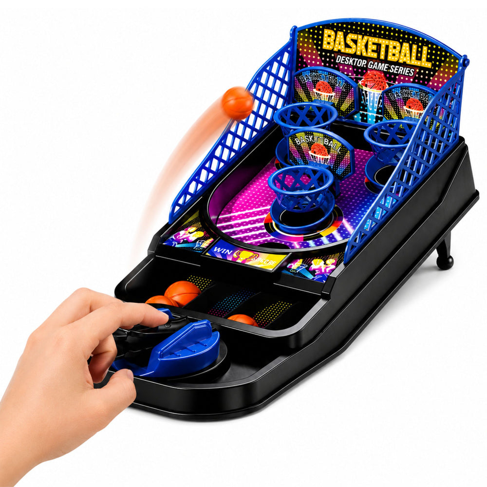 Mini-basketbal-arcadespel voor op tafel met 3 manden en werper (2)
