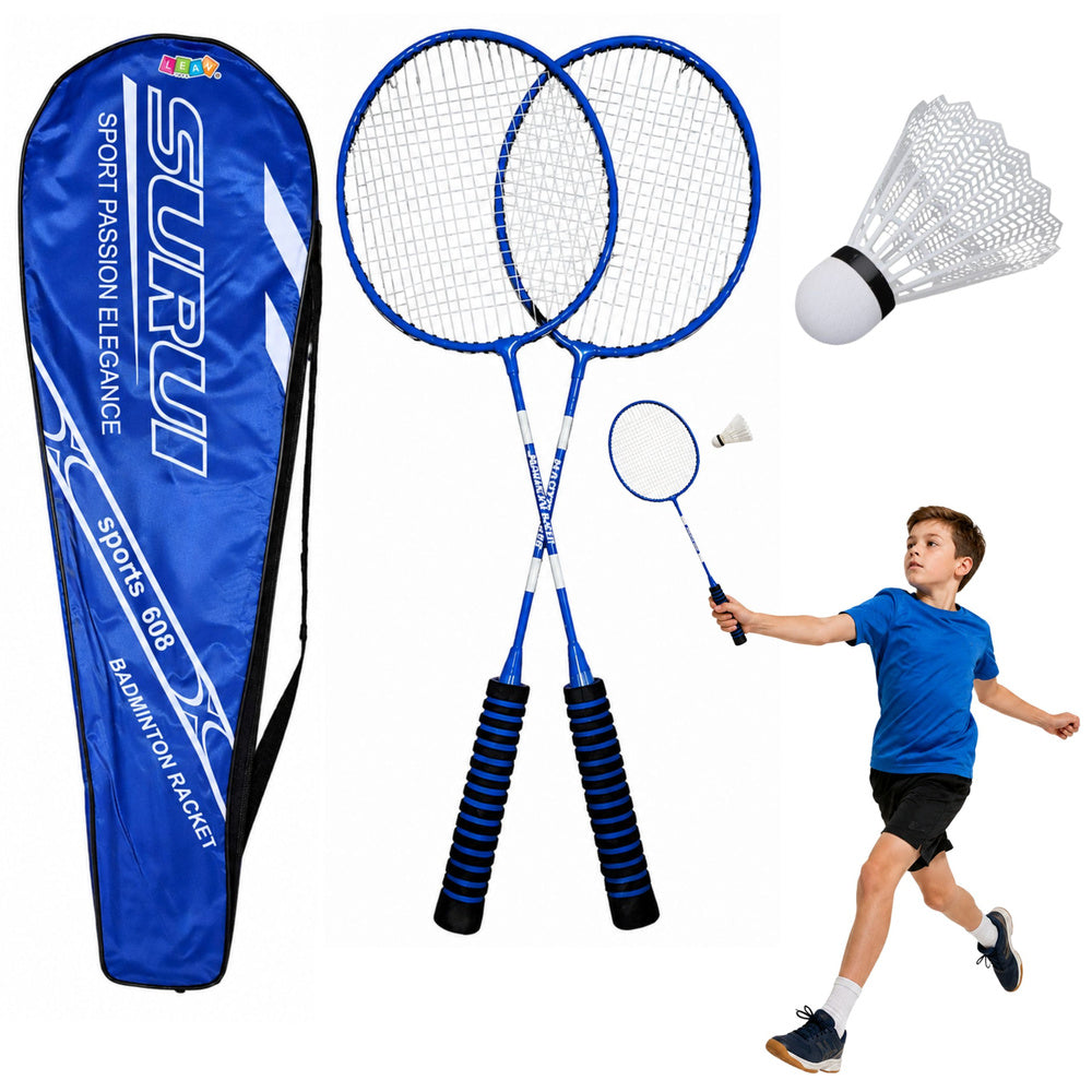 Badmintonset, rackets, shuttlekoker, blauw