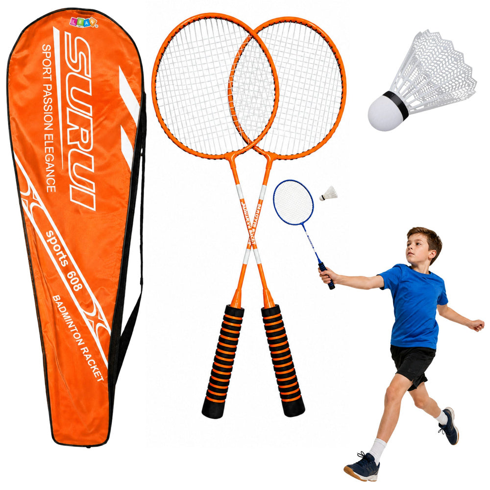 Badmintonset, rackets, shuttlecockkoker, oranje