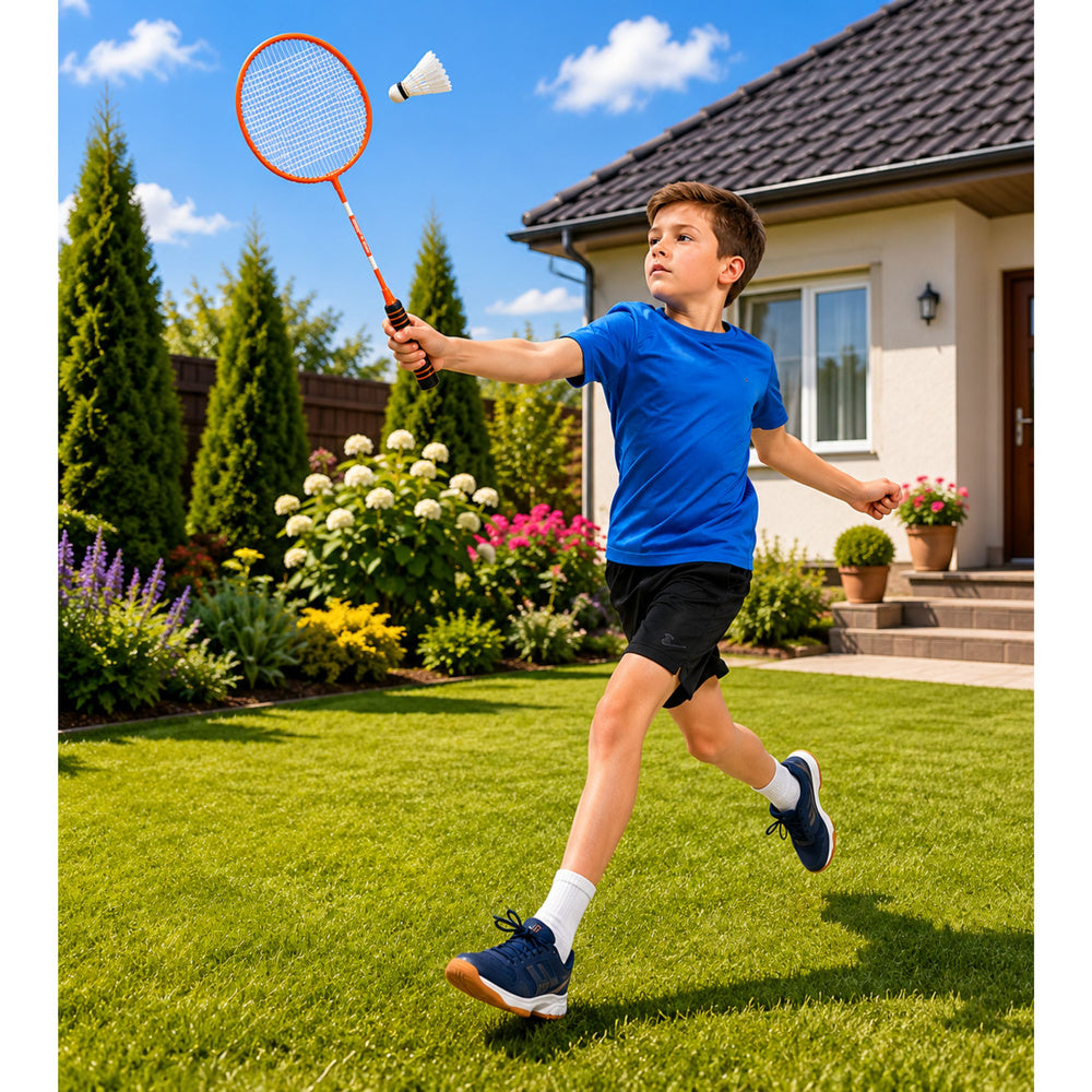 Badmintonset, rackets, shuttlecockkoker, oranje (4)