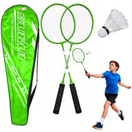 Badmintonset, rackets, shuttlecockkoker, groen