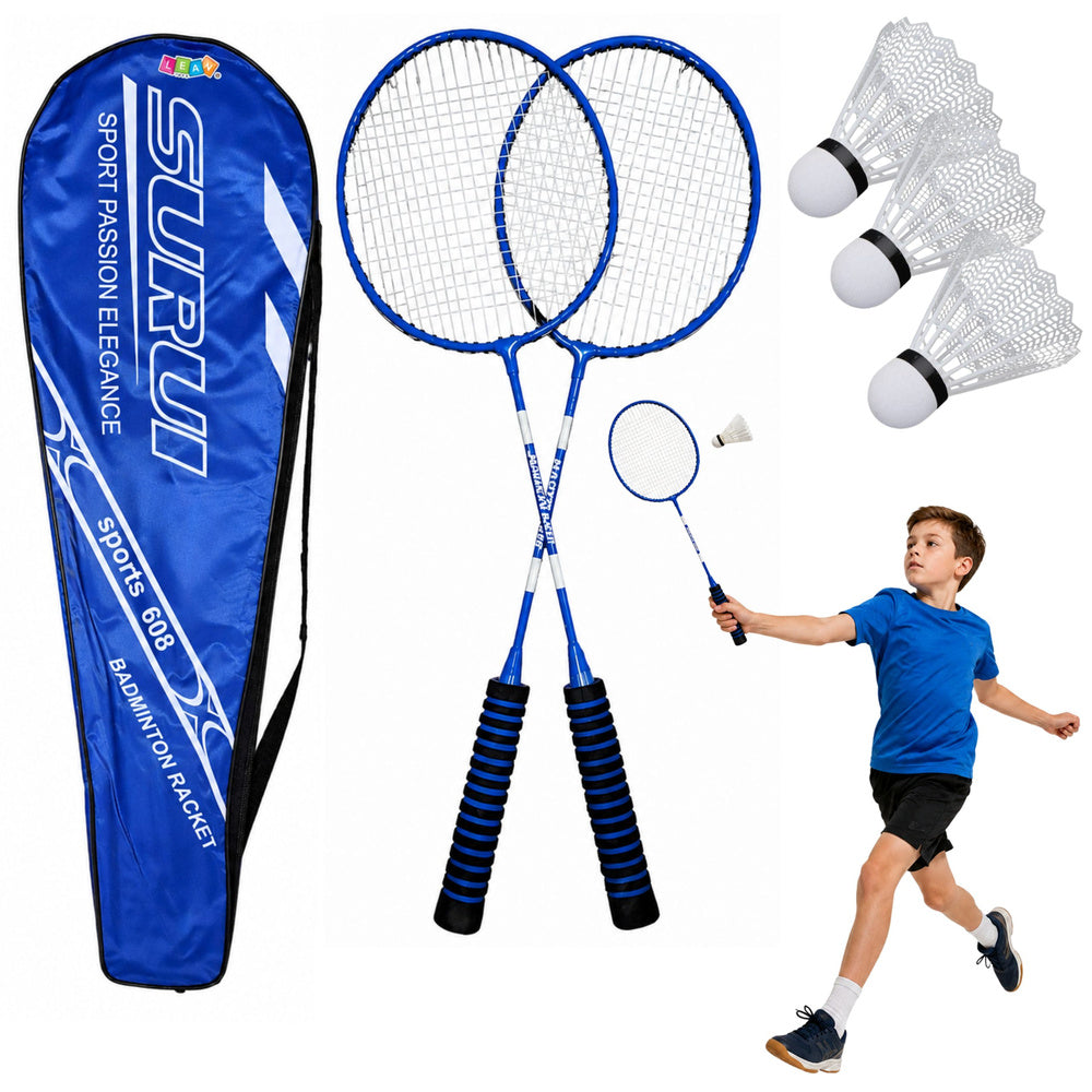 Badmintonset, bestaande uit rackets, 3 shuttles en een blauwe hoes
