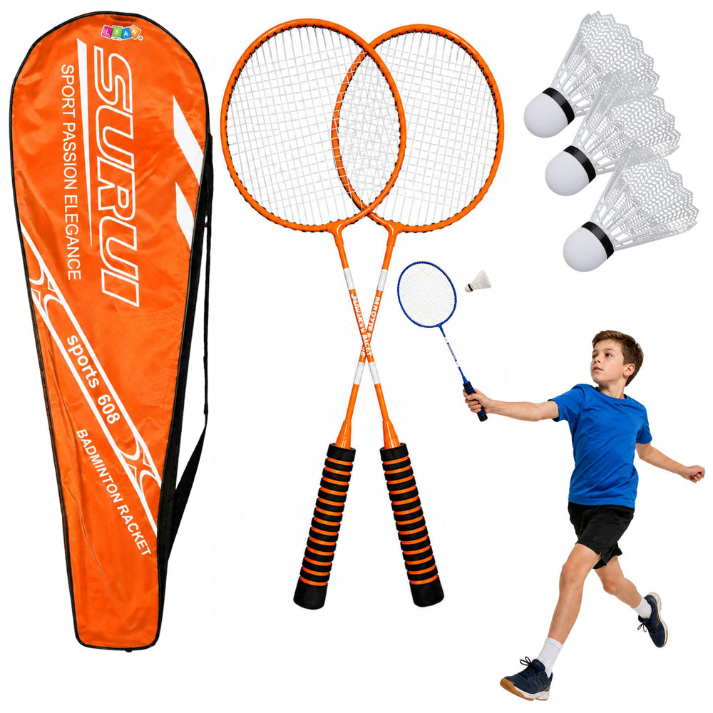 Badmintonset, 3 rackets, shuttles, oranje tas