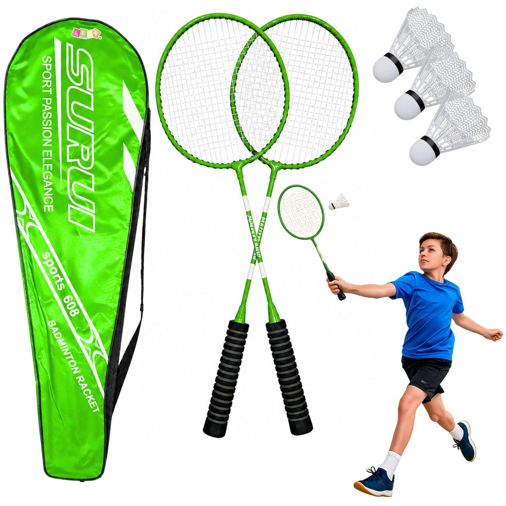 Badmintonset, bestaande uit rackets, 3 shuttles en een groene hoes