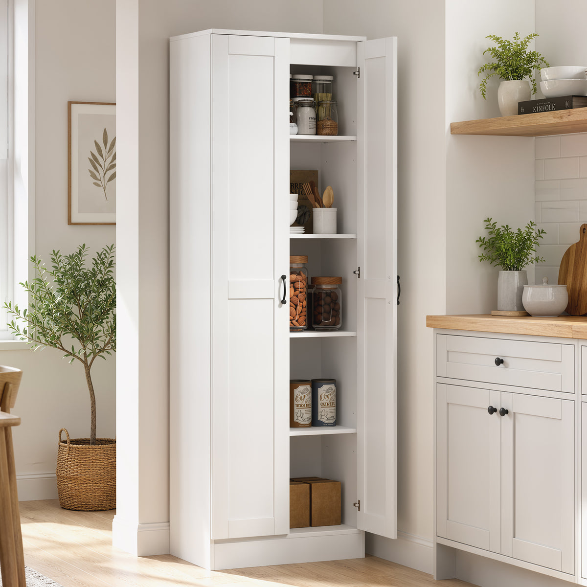 Voorraadkast 175 cm met opbergruimte, keukenkast met soft-close deuren en verstelbare legplanken, wit (2)