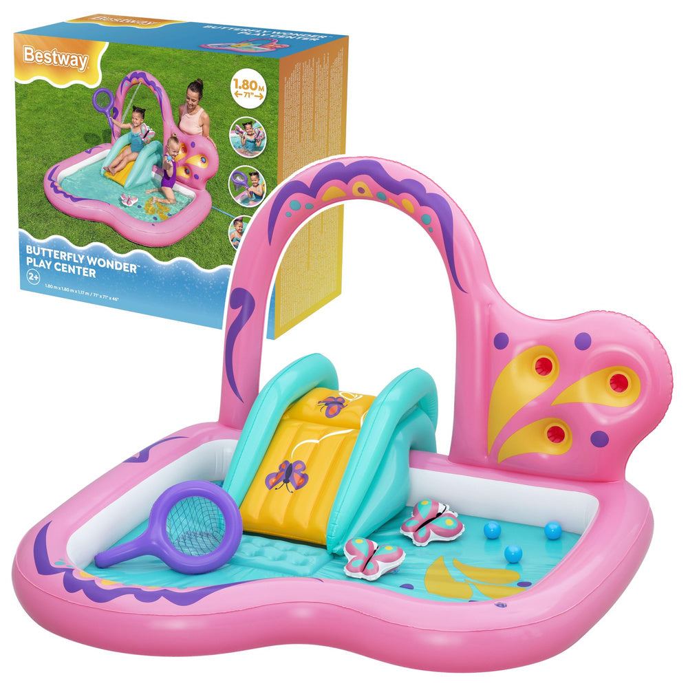 Waterspeeltuin met glijbaan, vlindermotief, roze accessoires, Bestway 53175