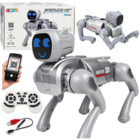 AI-robot hond, op afstand bestuurd, via Bluetooth-app programmeerbaar, zilverkleurig