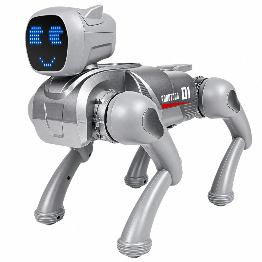 AI-robot hond, op afstand bestuurd, via Bluetooth-app programmeerbaar, zilverkleurig