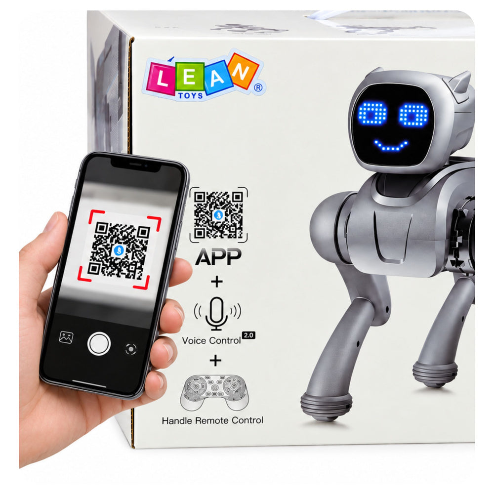AI-robot hond, op afstand bestuurd, via Bluetooth-app programmeerbaar, zilverkleurig