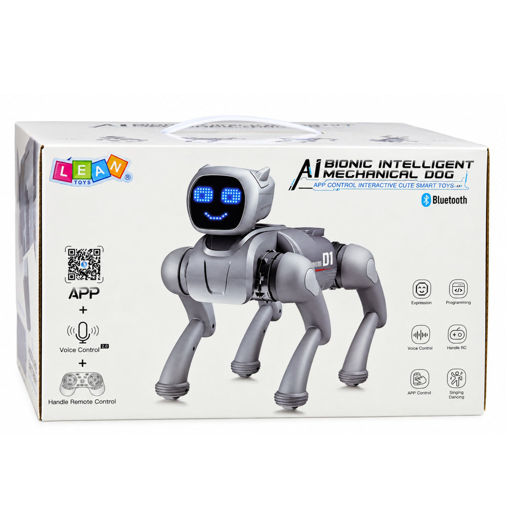 AI-robot hond, op afstand bestuurd, via Bluetooth-app programmeerbaar, zilverkleurig
