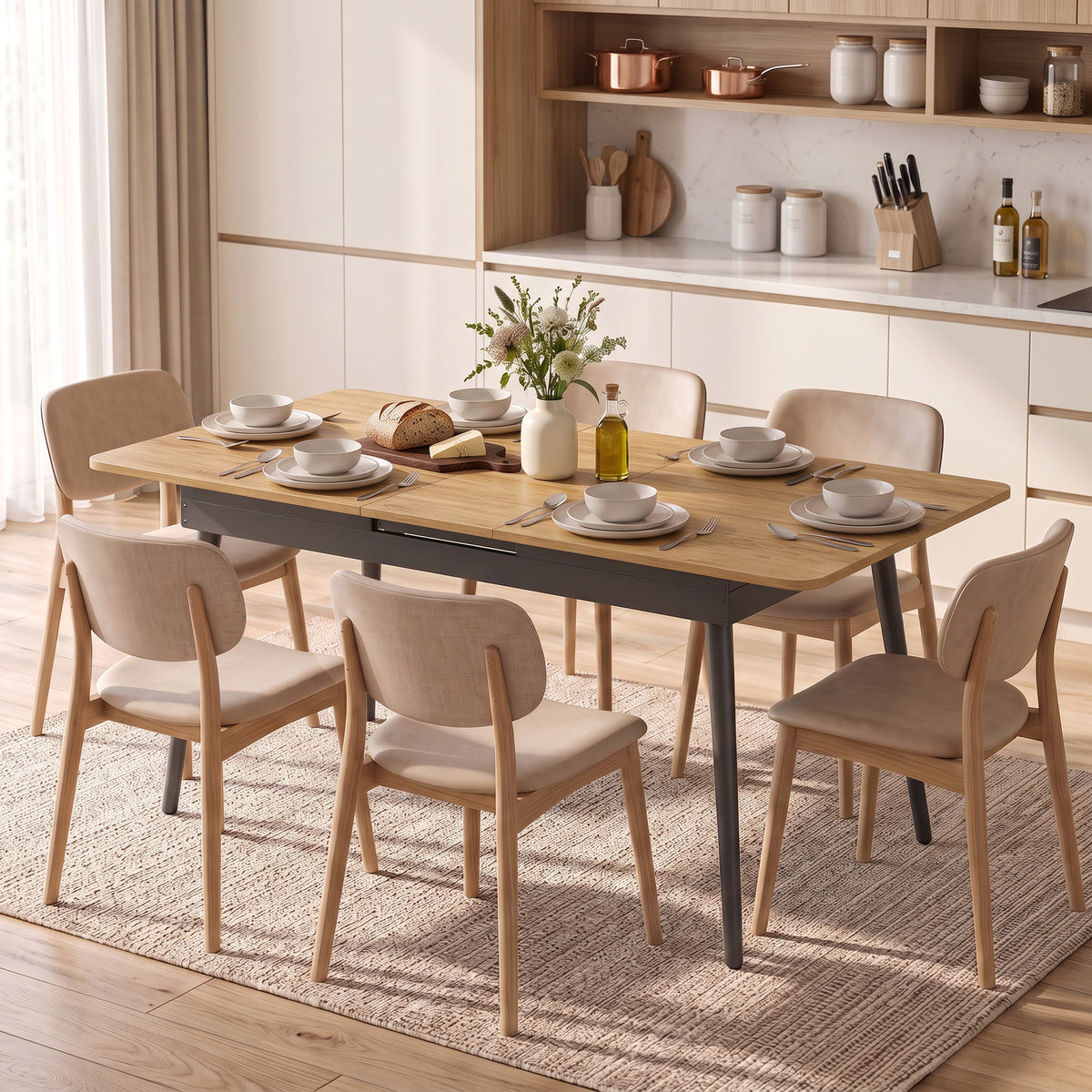Uitschuifbare eettafel 130-160 cm, keukentafel met afgeronde hoeken, eiken (2)
