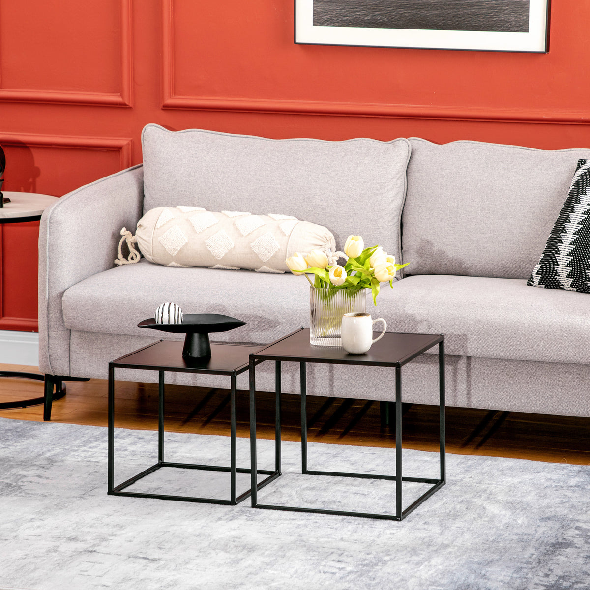 Bijzettafel, salontafel, nesttafel, set van 2, modern design, stalen frame, zwart, 40 x 40 x 40 cm (2)