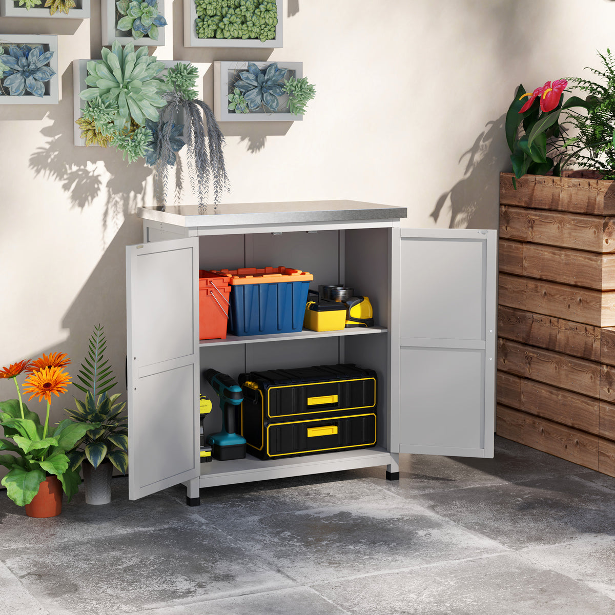 Tuinkast, buitenkast met werkblad, gereedschapskast, massief hout, staal, 79B x 43D x 92H cm, grijs (2)