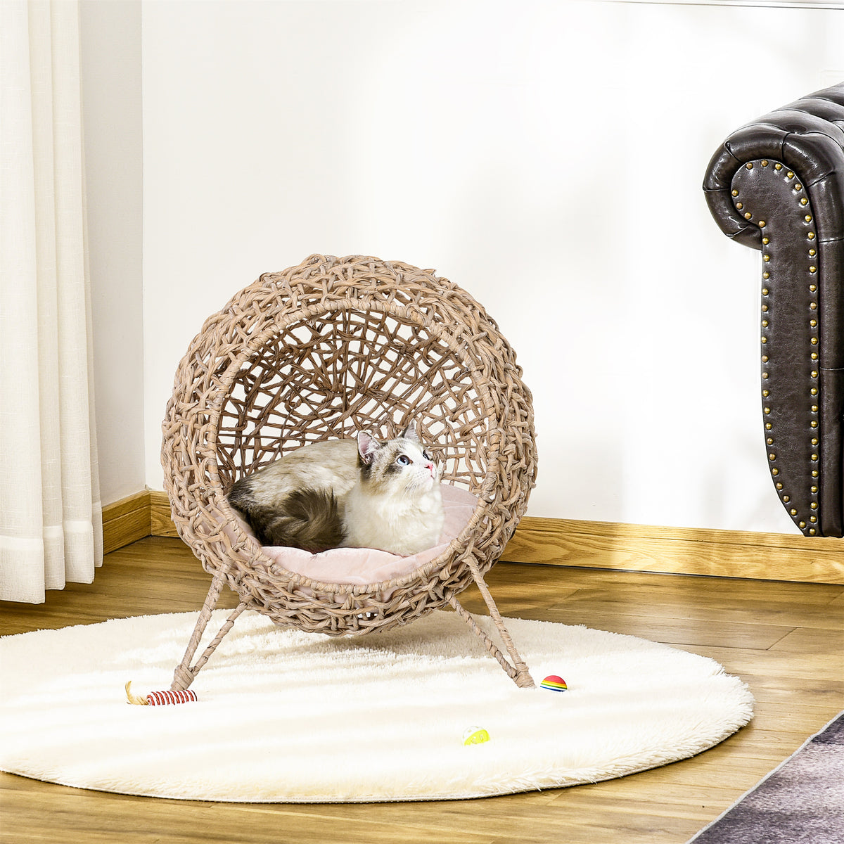 Rattan kattenhuis met kussen, slaapplek voor katten, kattenhol met verhoogde poten, natuur Ø 52 x 58 cm (2)