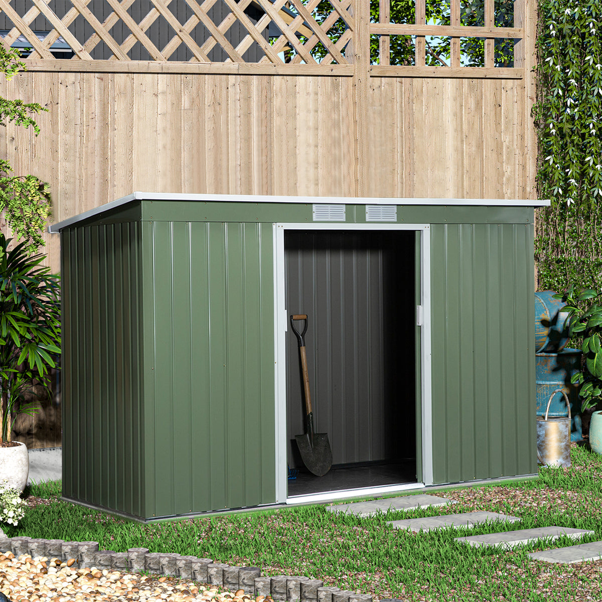 Metalen tuinhuis 6,3m³ 280x130x172cm gereedschapsschuur met lessenaarsdak schuifdeur weerbestendig tuinhuisje (2)