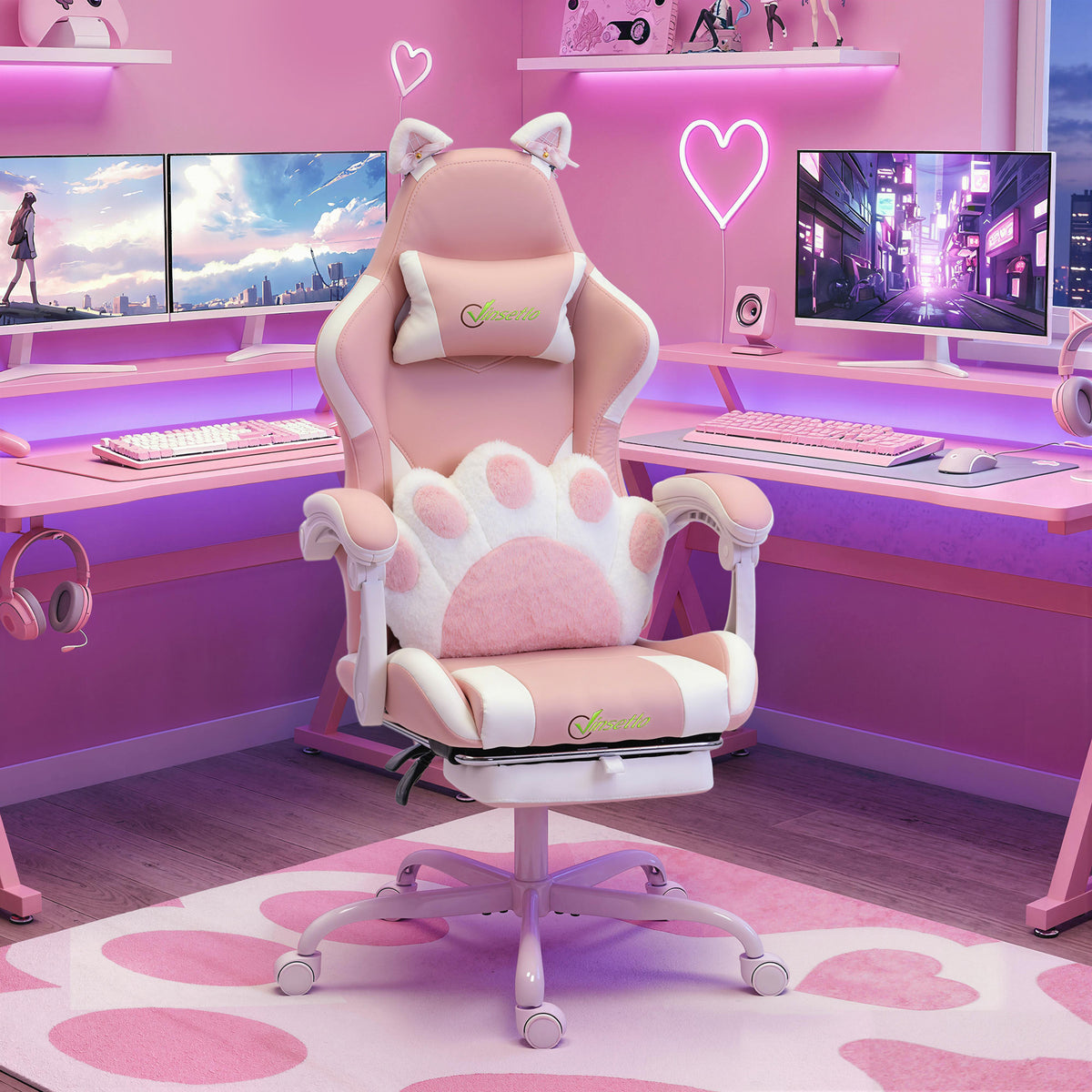 Ergonomische gamingstoel, gamerstoel met kattenoren van kunstleer met lendensteun, voetensteun, hoofdsteun, roze (2)