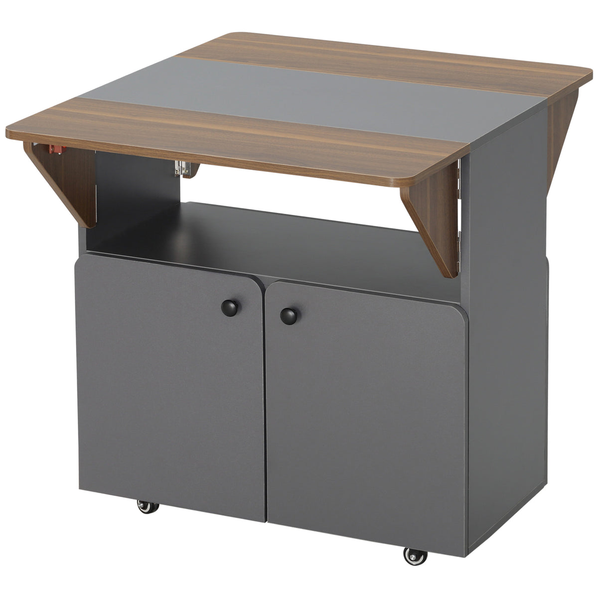 Klaptafel met rolkast, twee inklapbare tafelzijden, kastvak, 4 wielen, lichtgrijs + donkerbruin, 70 x 83 x 75 cm