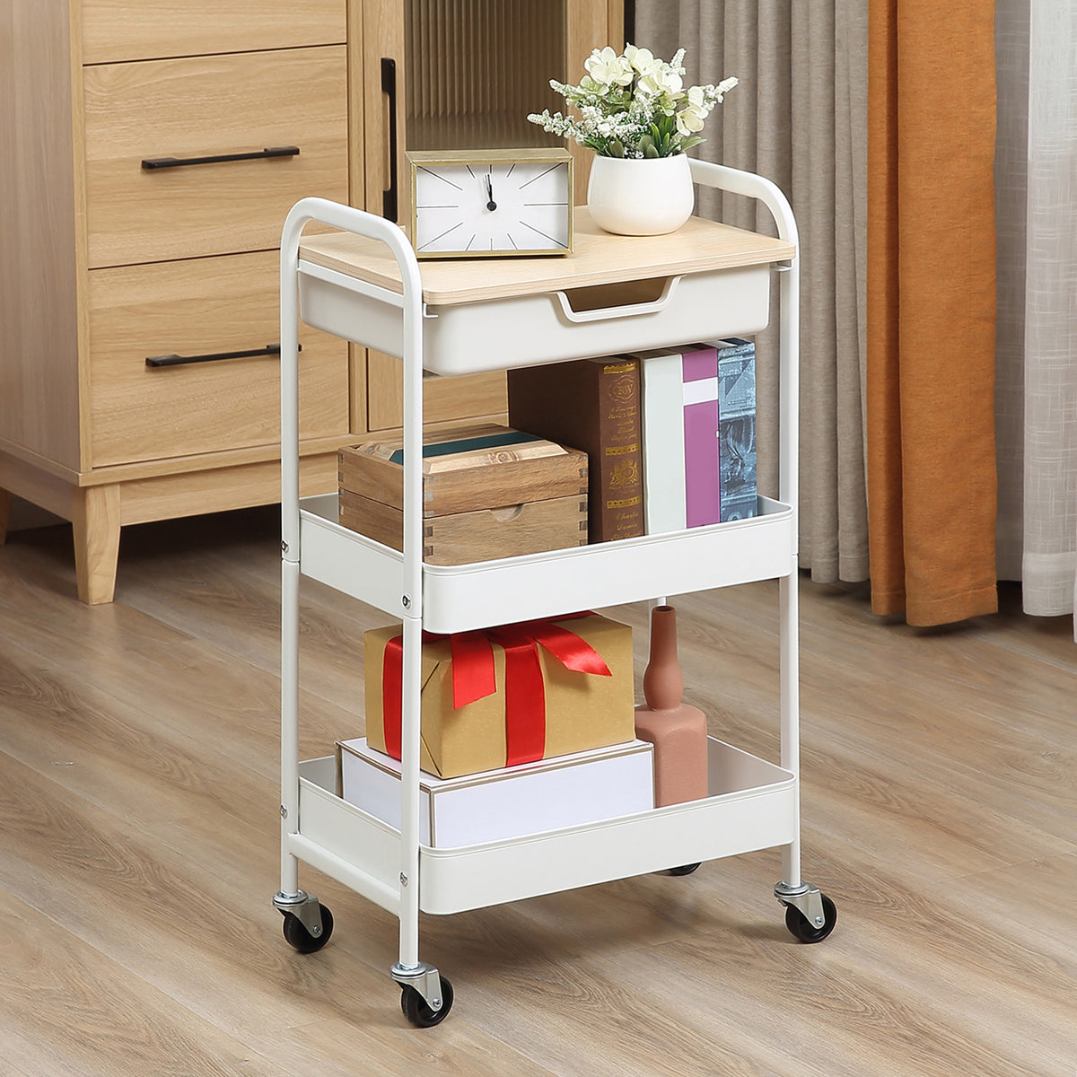 Verrijdbare keukenwagen, 2 planken, lade, opbergblad, 4 wielen, handgrepen, staal, wit (2)