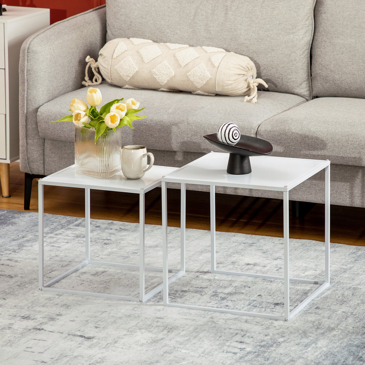 Bijzettafelset, moderne nesttafels, ruimtebesparend, stabiel stalen frame, wit (2)