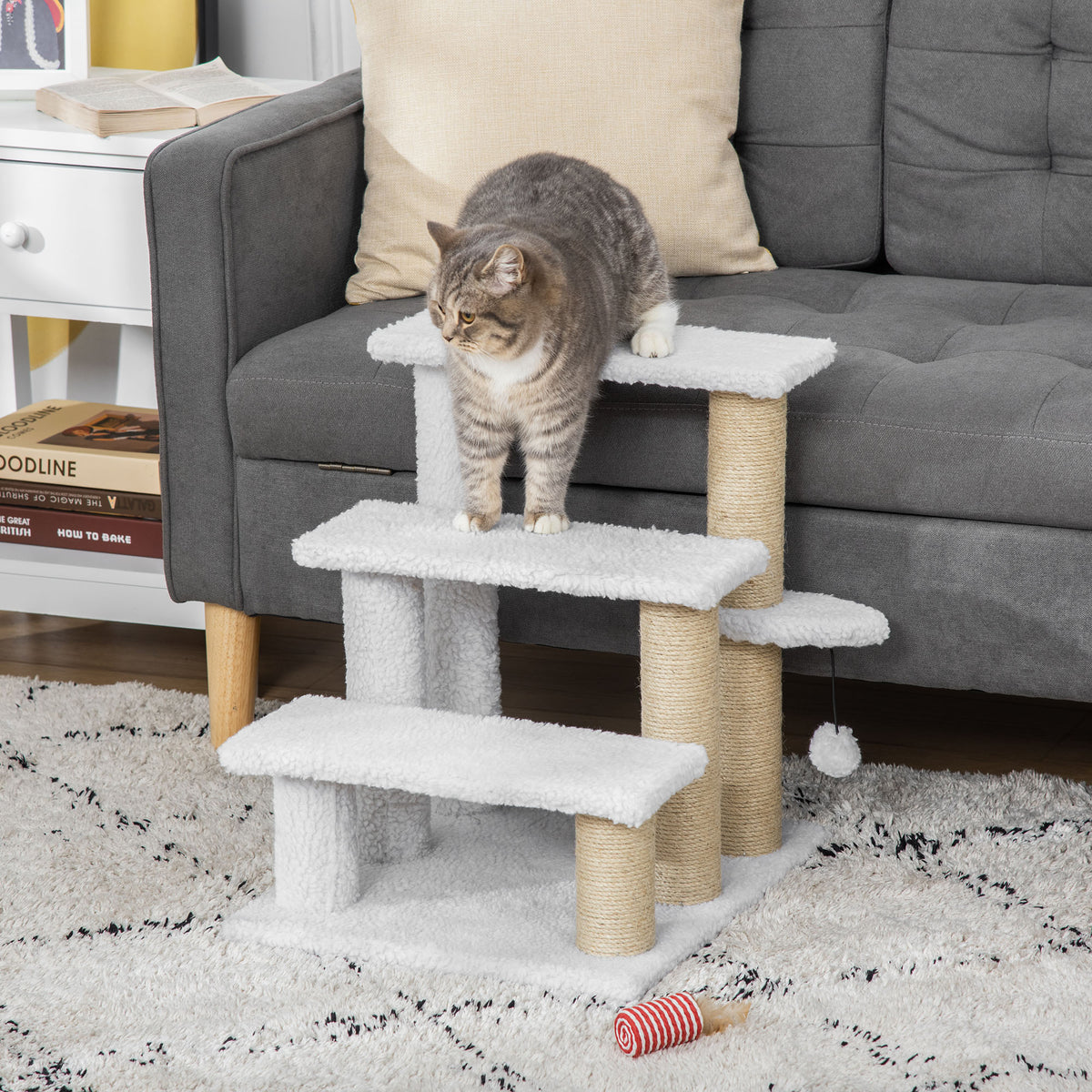 Kattentrap 3-traps huisdiertrap met krabpalen bal hondentrap dierentrap voor katten tot 5 kg pluche jute wit 45 (2)