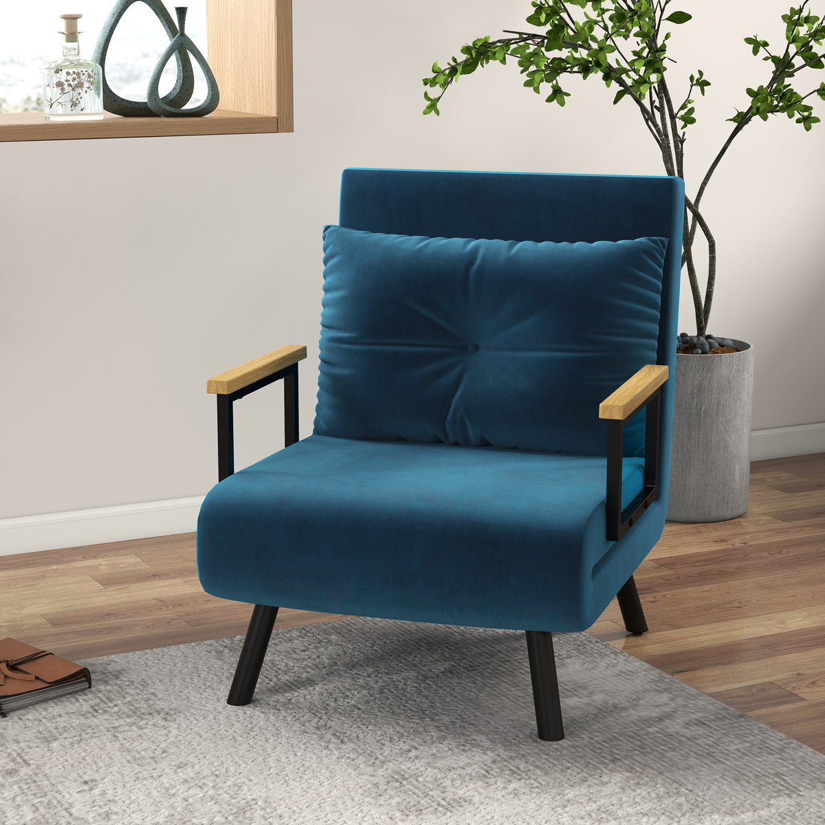 Relaxfauteuil in Scandinavisch design, ligstoel, leesfauteuil. incl. kussen met knoopstiksel, zwart + naturel (2)