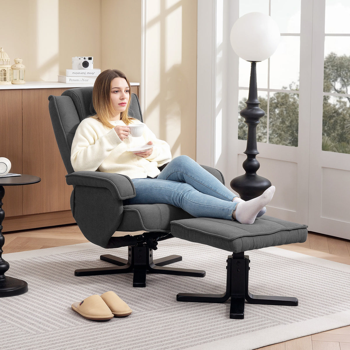 Schommelbare relaxfauteuil met voetenbank, stoffen bekleding met fluweeloptiek, draaibare gestoffeerde fauteuil (2)