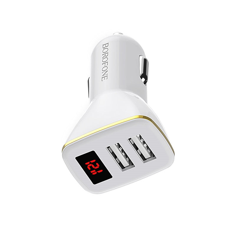 Borofone - 2x USB autolader met led-display, wit