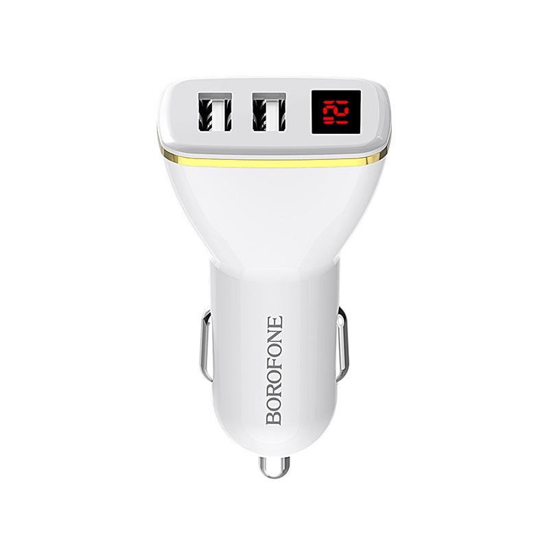 Borofone - 2x USB autolader met led-display, wit (2)